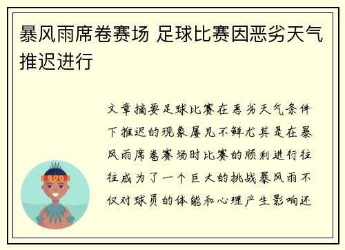 暴风雨席卷赛场 足球比赛因恶劣天气推迟进行