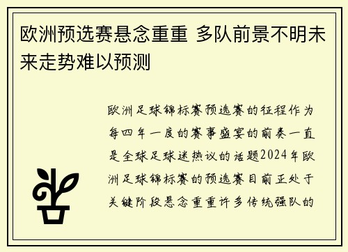 欧洲预选赛悬念重重 多队前景不明未来走势难以预测