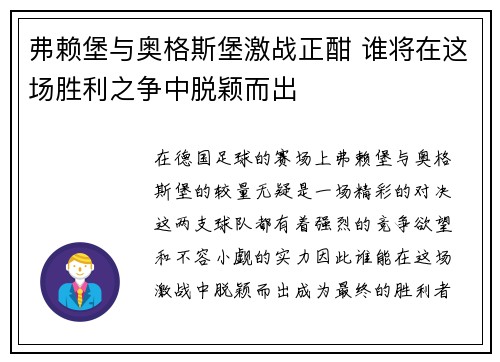 弗赖堡与奥格斯堡激战正酣 谁将在这场胜利之争中脱颖而出