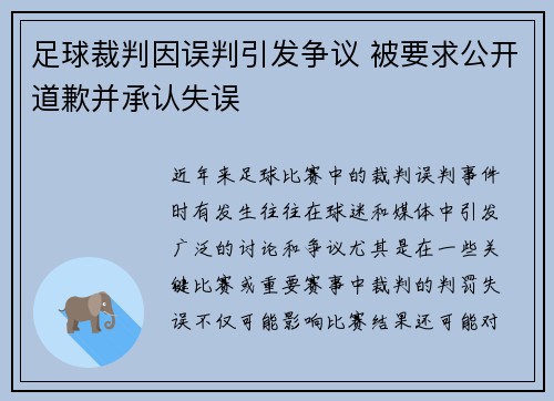足球裁判因误判引发争议 被要求公开道歉并承认失误