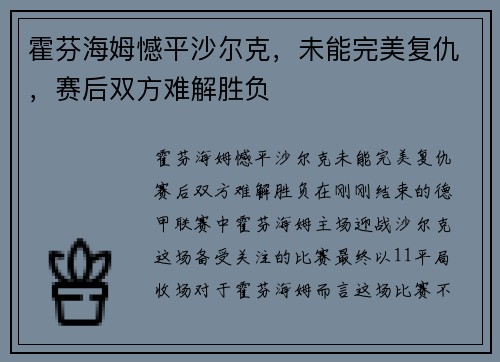 霍芬海姆憾平沙尔克，未能完美复仇，赛后双方难解胜负