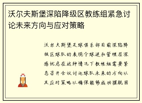 沃尔夫斯堡深陷降级区教练组紧急讨论未来方向与应对策略