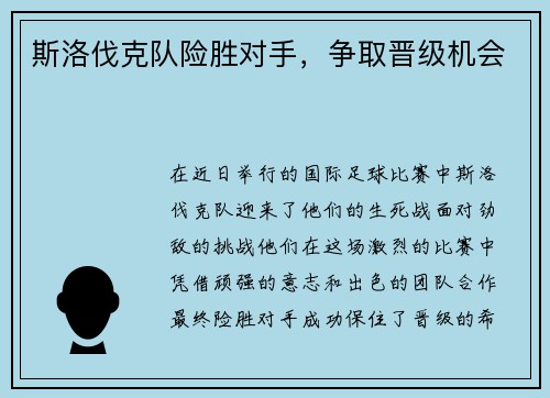 斯洛伐克队险胜对手，争取晋级机会