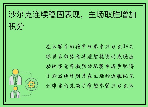 沙尔克连续稳固表现，主场取胜增加积分