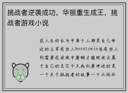 挑战者逆袭成功，华丽重生成王，挑战者游戏小说
